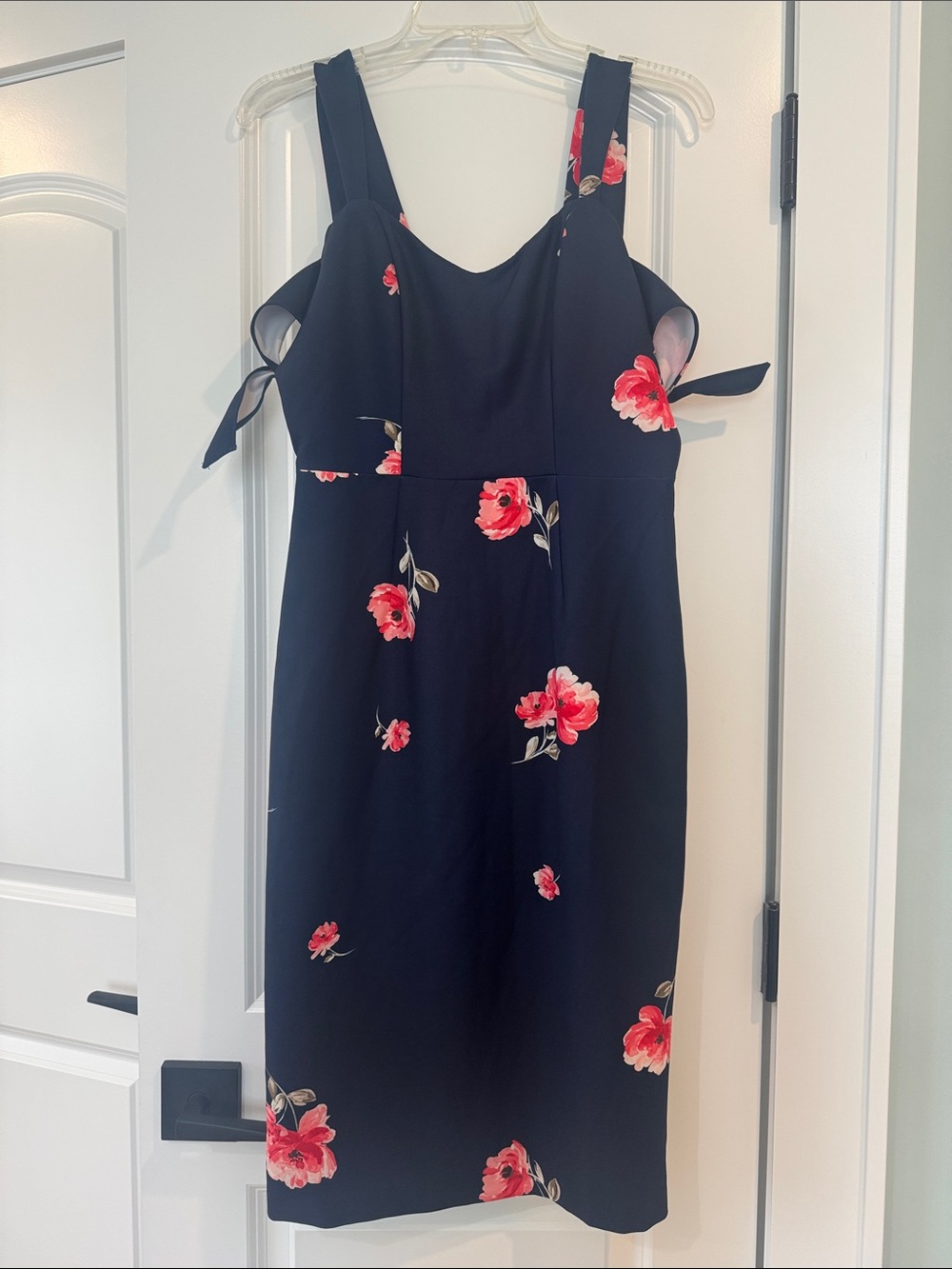 Navy Blue Midi Dress with Pink Floral Print and Tie-Shoulder Detail
